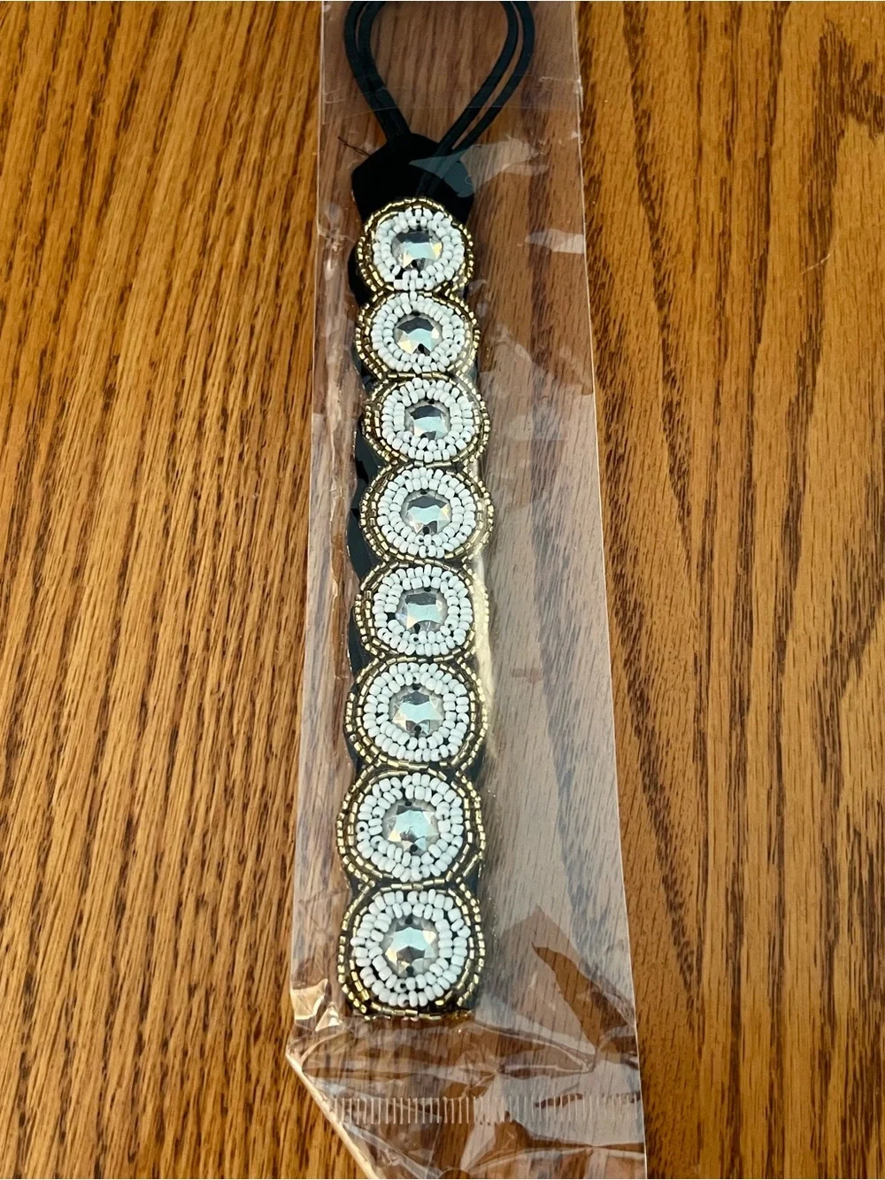 Beaded Black Elastic Headband with Silver and Turquoise Accents